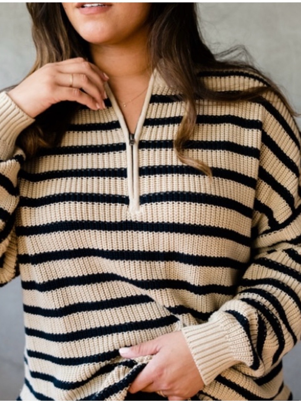 ABLE Cream & Black Striped Quarter Zip Sweater 2X